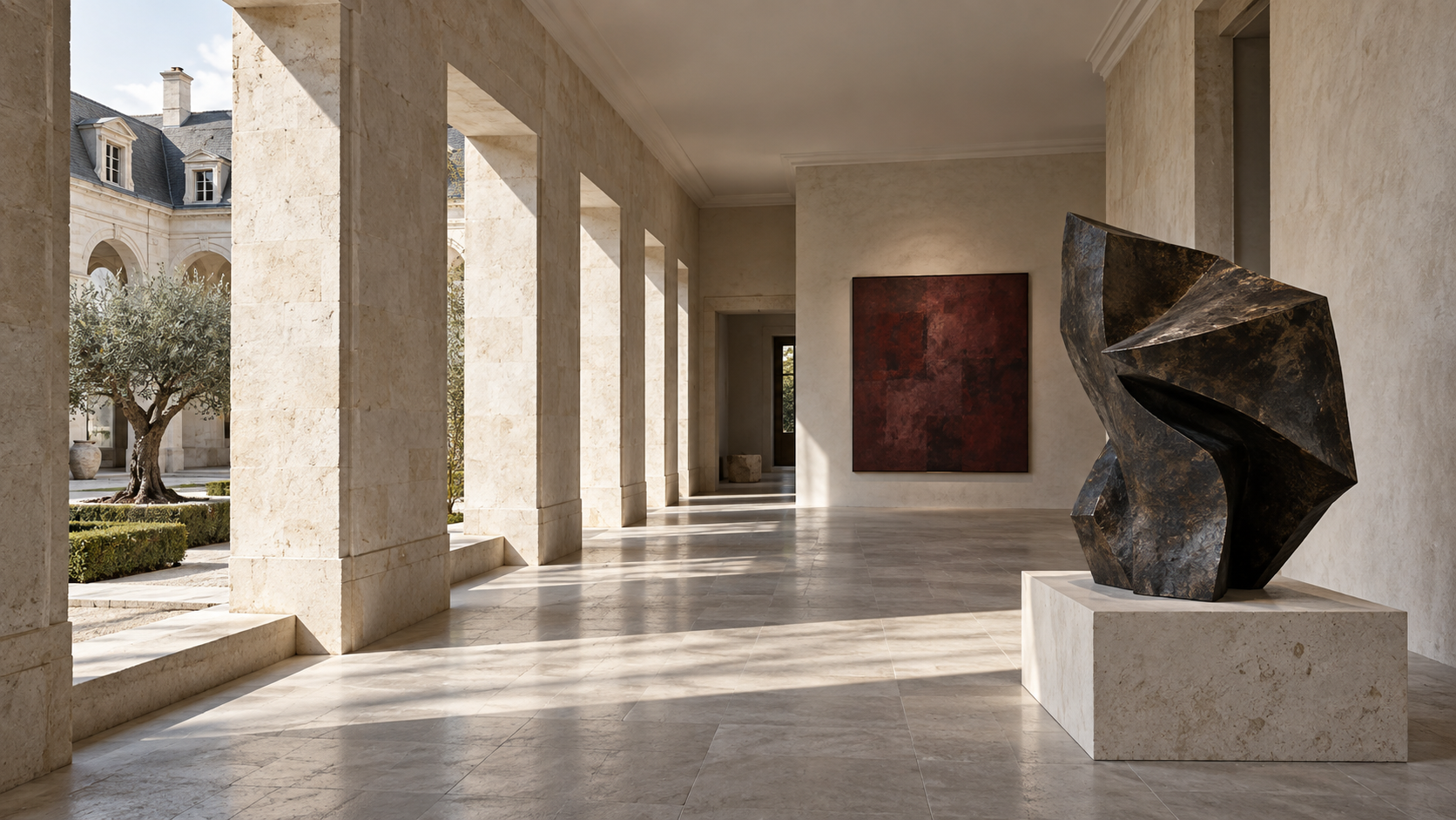 Galerie imaginaire en pierre ouverte sur une cour européenne, avec une sculpture abstraite en bronze et une toile bordeaux.